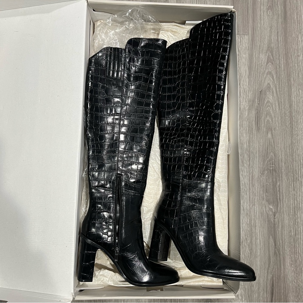 Marc Fisher Black Croc-Embossed Over the Knee Boots- Unella